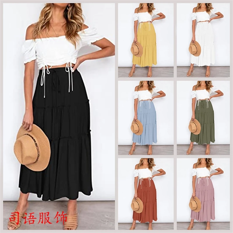 

Boho A-Line Flowy Pleated Midi Skirt High Waist Casual Beach Party Dress Summer New Arrival 2024 Fashion Women Elegant Style