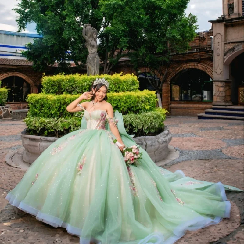 

Customized Shiny Mint Green Quinceanera Dresses Off the Shoulder sequin applique crystal Long tail Bow Vestido 15 Quinceanera