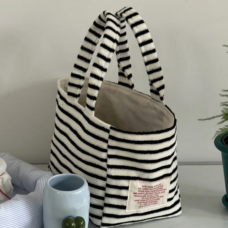 Striped Tote Bag Korean Ins Label Plush Handbag Women Portable Cosmetics Storage Pouch Female Eco Guangzhou High Quality Bag