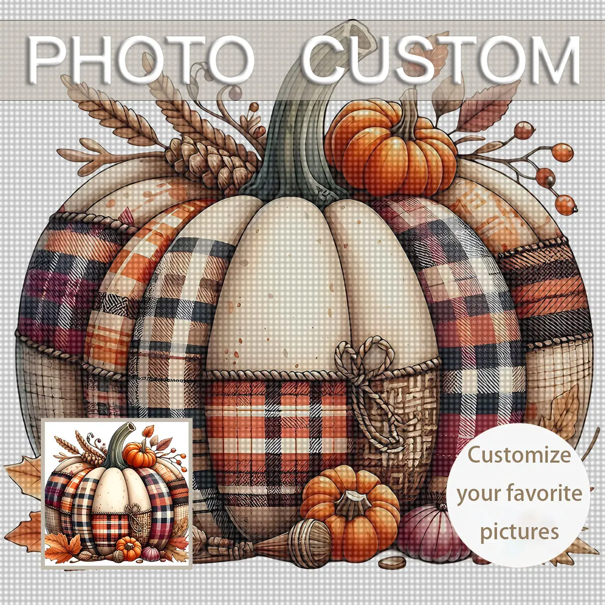 Custom Photo 1pc DIY 5D Diamond Painting Kit - Pumpkin Plaid Tartan & Autumn Harvest Full Round Diamond Art with 3D Layered Glas