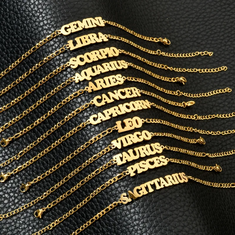 Edelstahl 12 Sternbild Sternzeichen Armbänder für Frauen Männer Paar Gold Farbe Metall Armreif Party