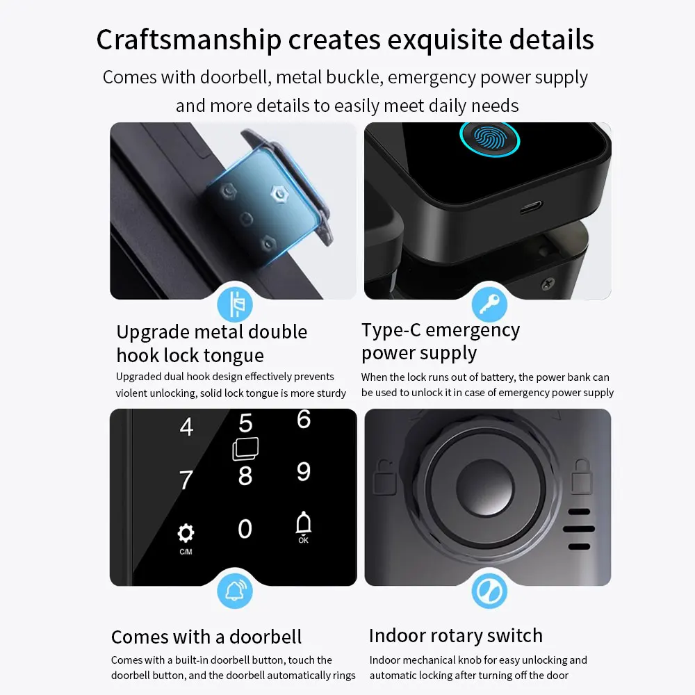 Multifunctional Smart Glass Door Lock Electronic Digit Biometric Fingerprint Tuya App Key Electric Smart Life Digital Door Lock