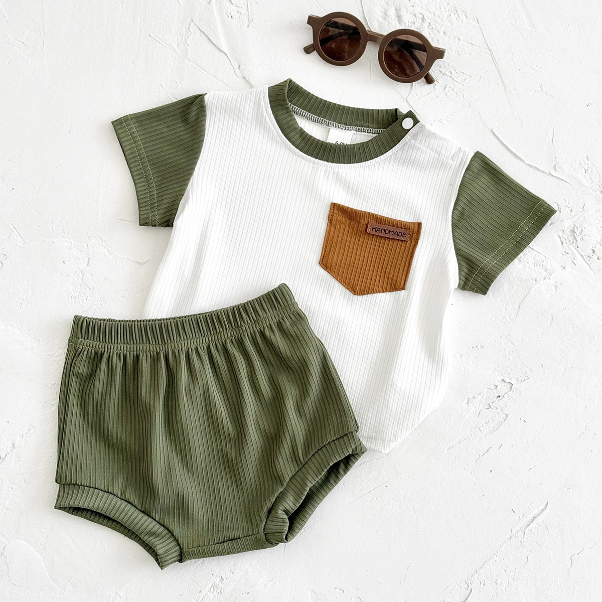 

0-3Years old Newborn Summer Boys Green White Splicing Color Short Sleeved Shirt+Shorts Casual Girls Baby Clothes Sweatshirt 2Pcs