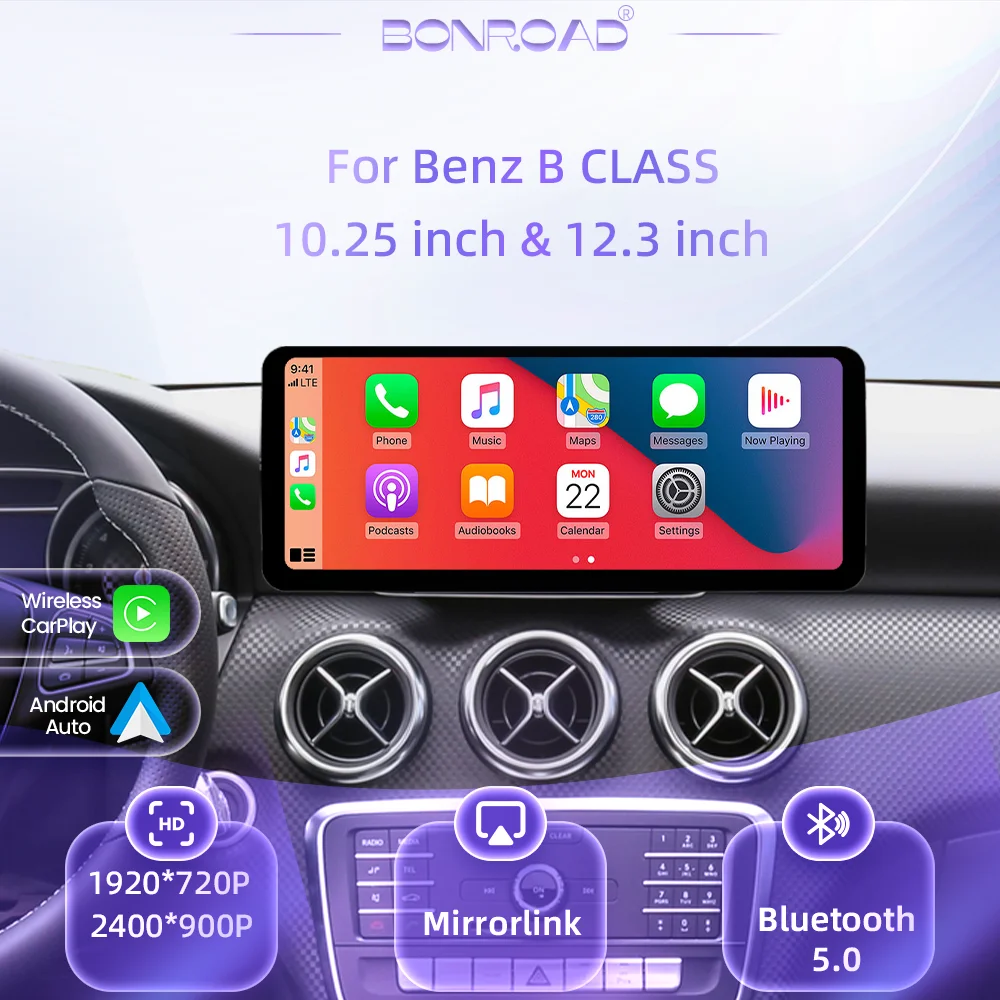 BONROAD 10.25‘’ 12.3‘’ 2400* 900P 1920*720P Wireless CarPlay Android Auto Linux Multimedia Touch Screen For Mercedes Benz B Class W245 W246 NTG 4.5 5.0 Car Radio GPS Navigator Display