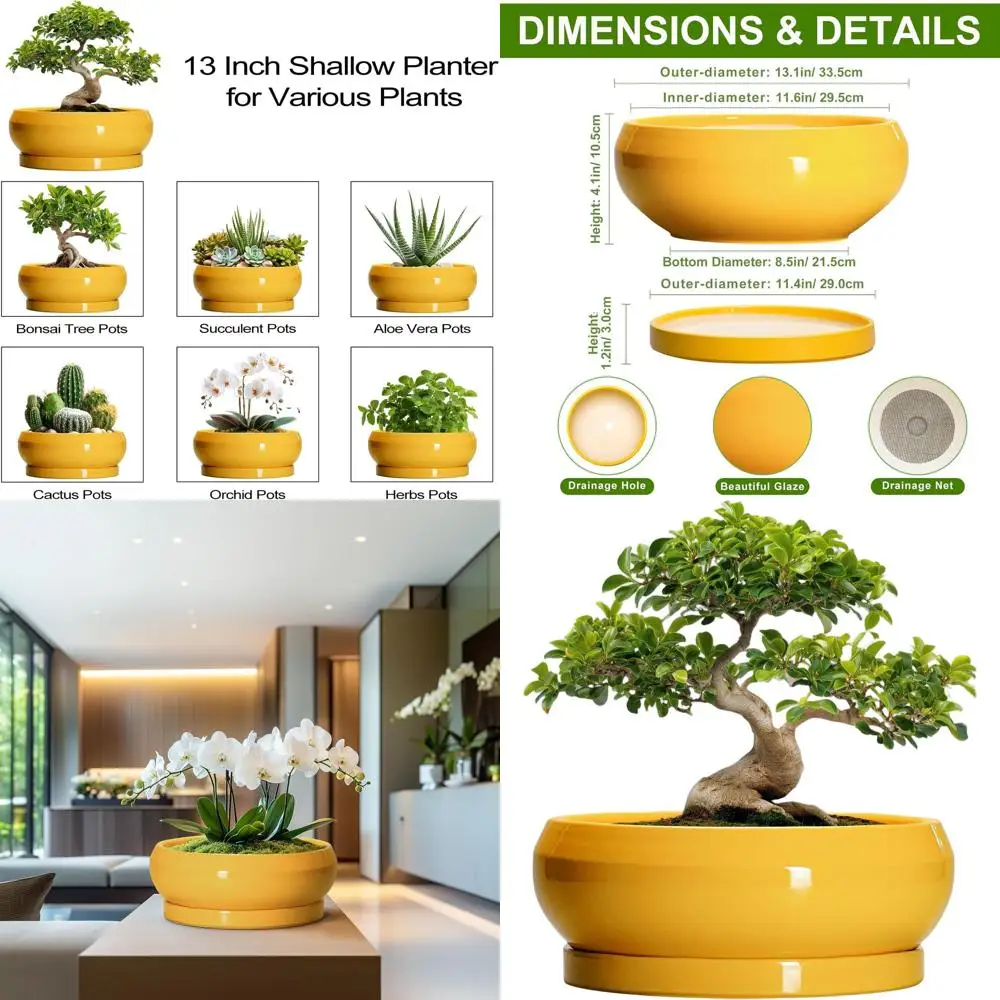 

13-дюймовые большие горшки для суккулентов с дренажем и поддоном, круглые неглубокие кашпо для дома и улицы, декор для сада, для растений