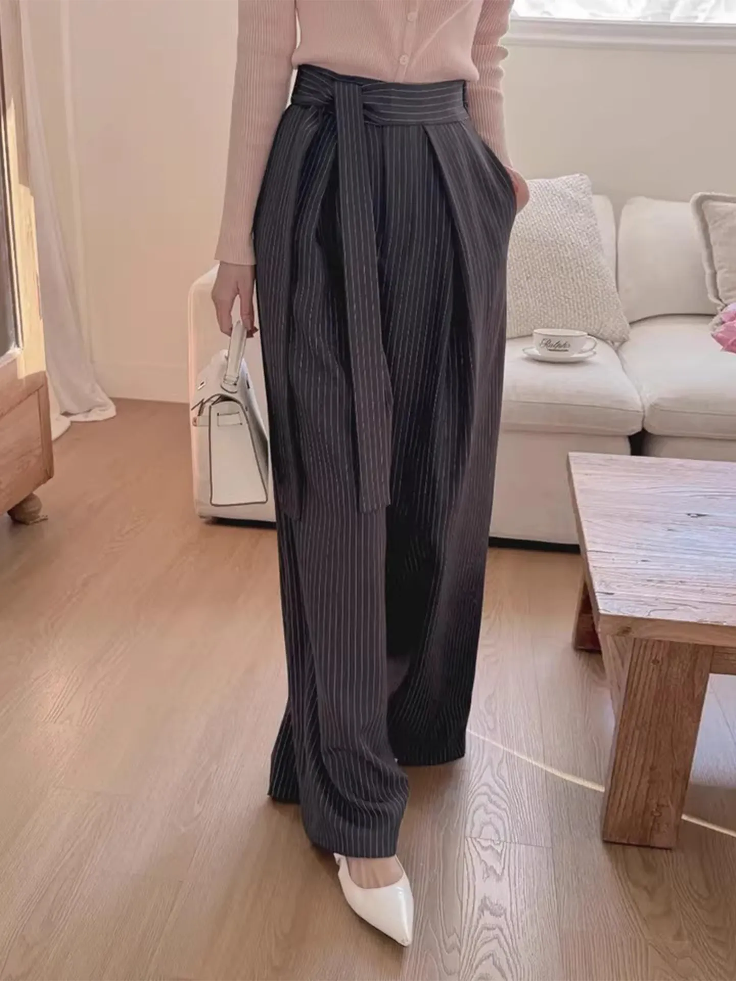 

Gagarich Retro Strap Design Pleated Striped Casual Pants Western Women Spring High Waist Slimming Straight Leg Long Pants