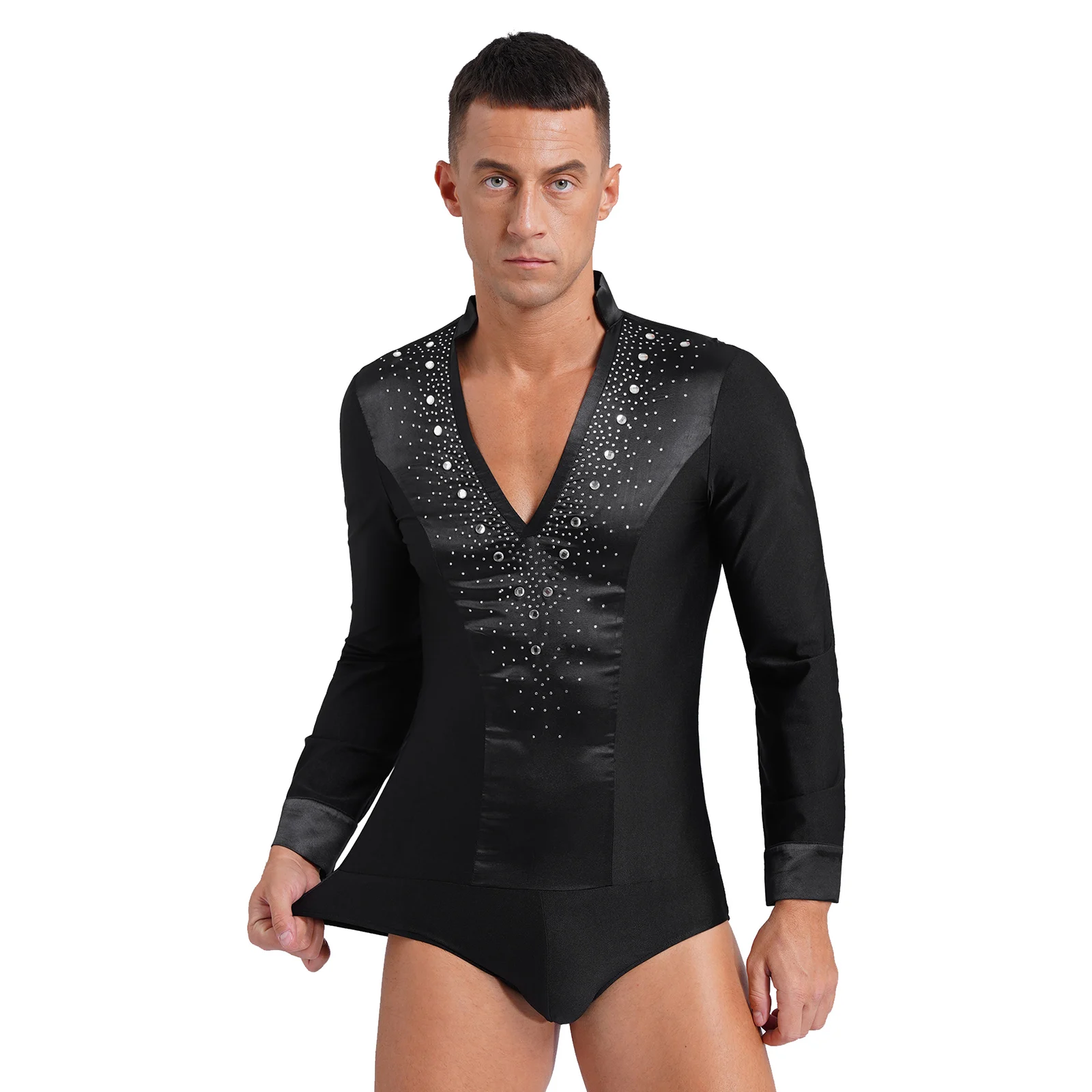 Men Latin Tango Rumba Dance Leotard Shirt Figure Skating Gymnastics Bodysuit Jumpsuit Rhinestones Ballroom Dancewear Shirt Top