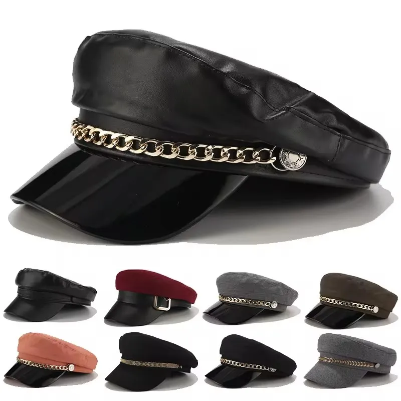 Fashion beret metal buckle leather PU Navy hat every British retro fashion hat