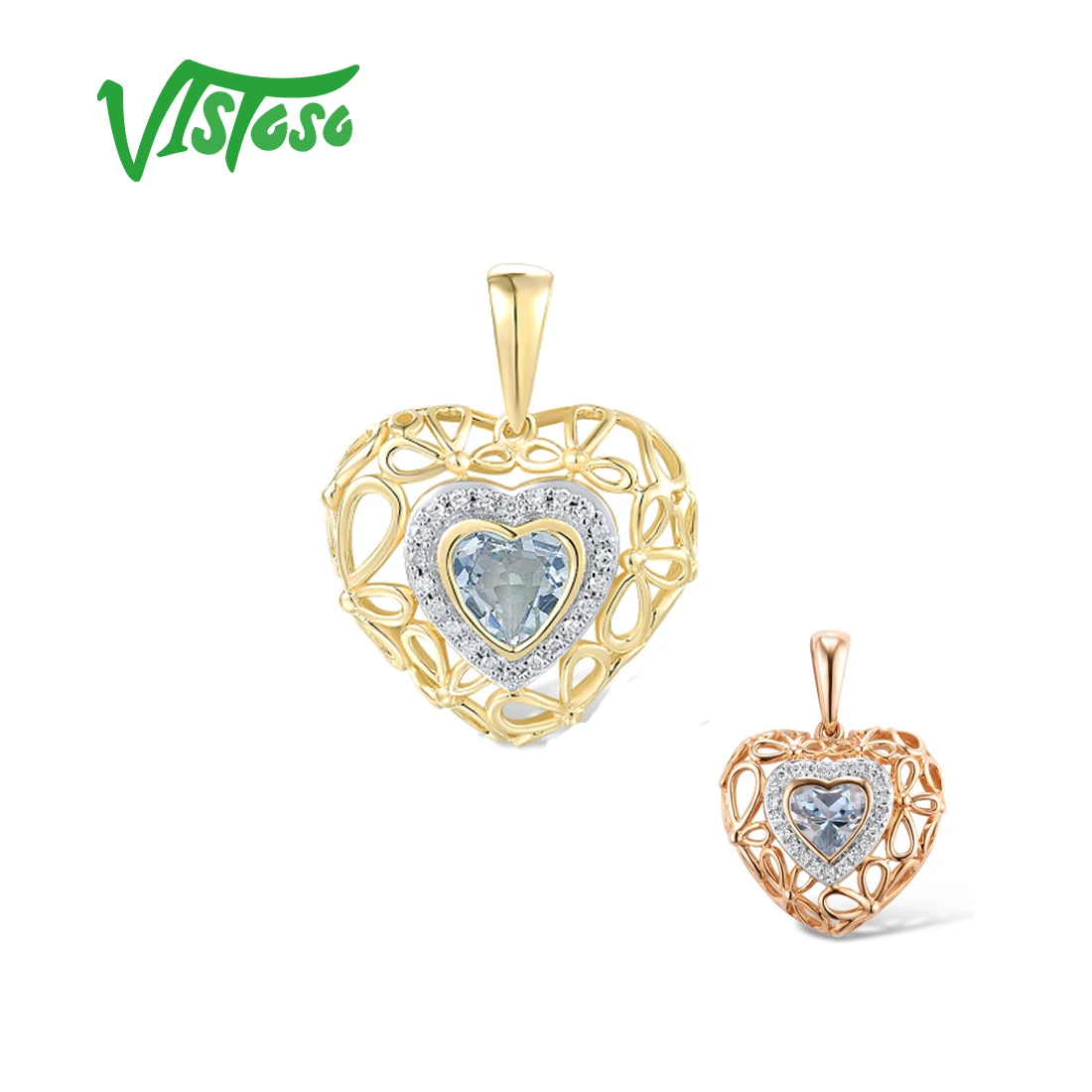 VISTOSO Gold Pendant For Women Genuine 14K 585 Yellow Rose Gold Sky Blue Topaz Sparkling Diamond Pendant Delicate Fine Jewelry