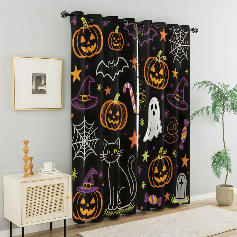 Cute Halloween Print Curtain Cartoon Ghost Black Cat Pumpkin Tombstone Window Drapes Kawaii Bedroom Living Room Decor Party Gift