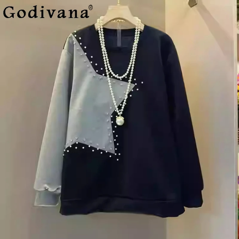 Pull à manches longues pour femme, col rond, taille grande, printemps-automne, doux, perlé, tendance, ample, style coréen, polyvalent, haut de loisirs