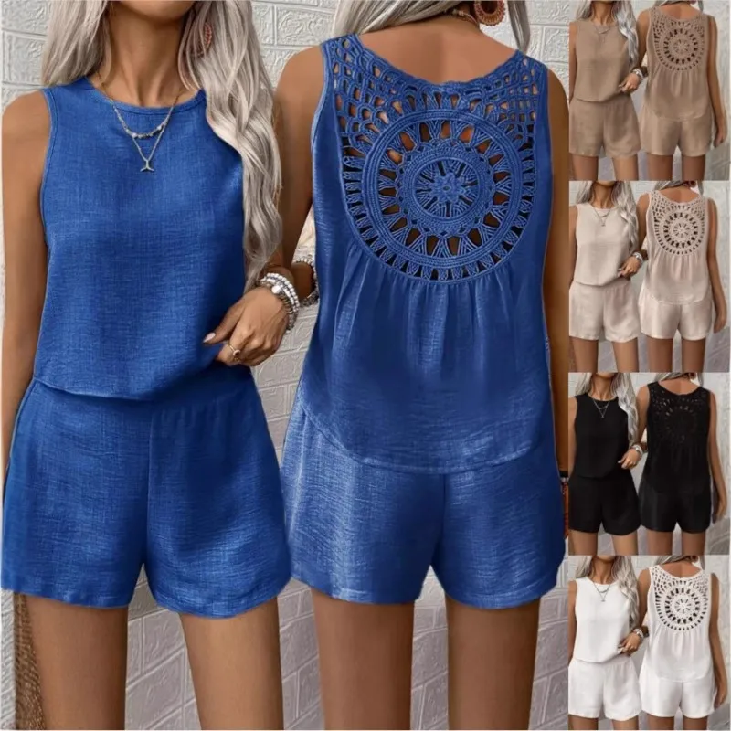 

European and American women's summer 2025 pure color backless lace fashion casual vest shorts set