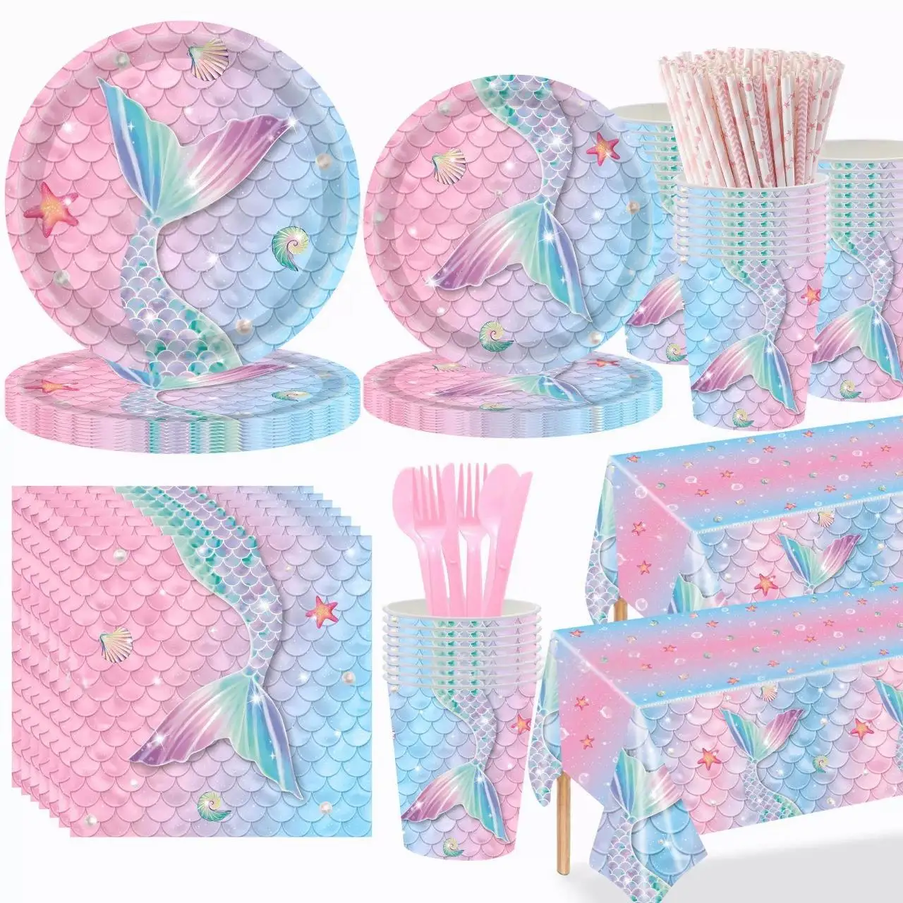 Mermaid Birthday Party Decorations Theme Tableware Set Hanging Banner Gift Bags Tablecloth Backdrop Party Decorations For Kids