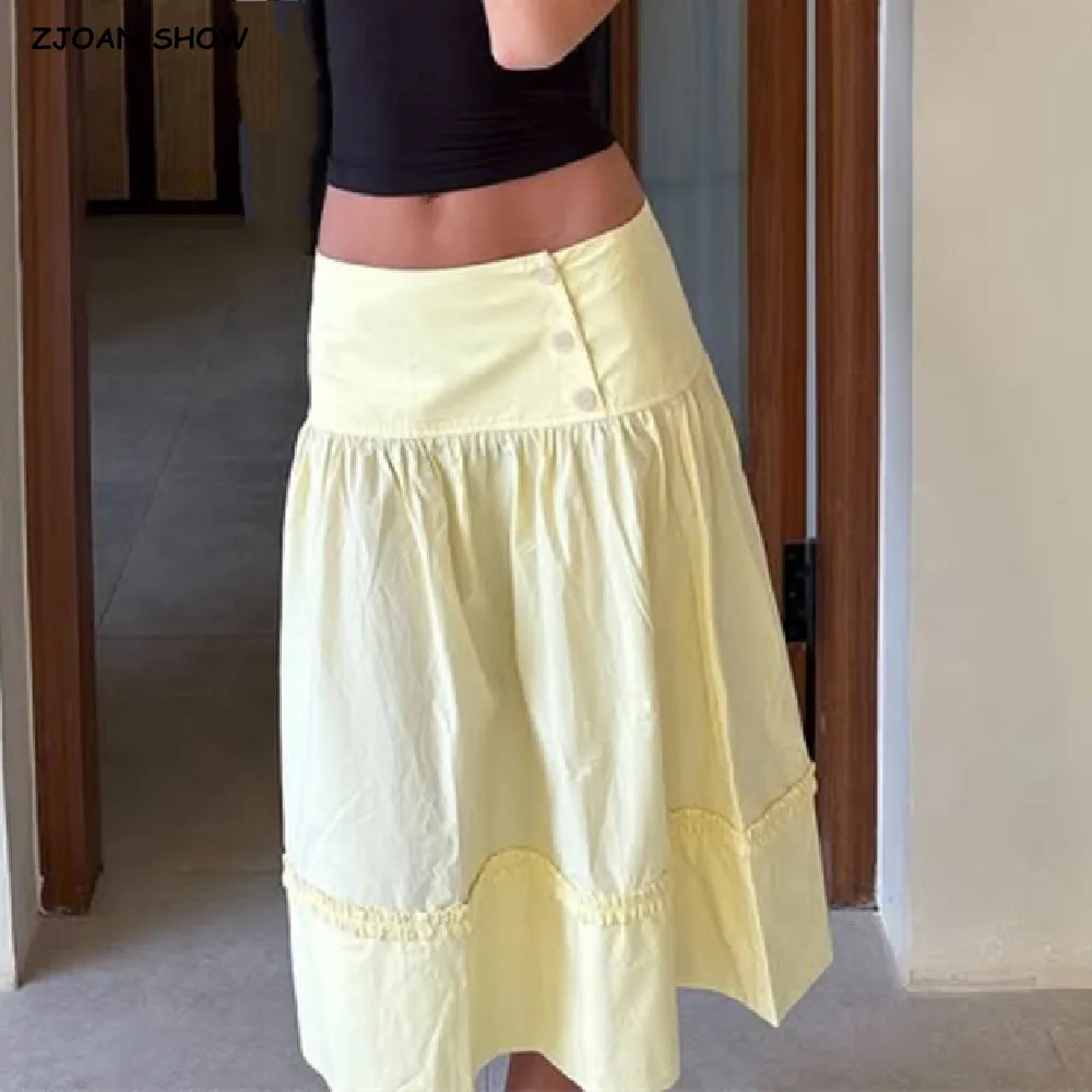 New Holiday Buttons Low Waist Midi Long Skirt Women Spliced Ruched Wood Ears Swing A-lined Skirts Boho Yellow White