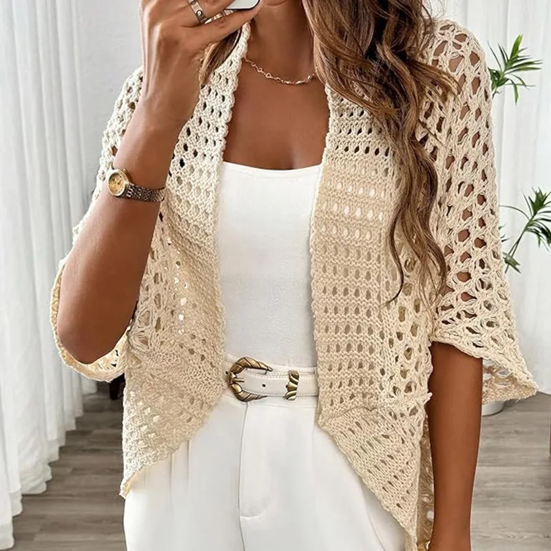 ผู้หญิงถักเสื้อกันหนาวผ้าคลุมไหล่ Hollowed OUT เสื้อกันหนาวหลวมสีทึบครึ่งแขนสั้น