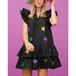 Glitter Star Dress y2k Clothes Women Ruffle Sleeve V Neck Tiered Short Mini Dress 2000s Aesthetic Holiday Party Dresses