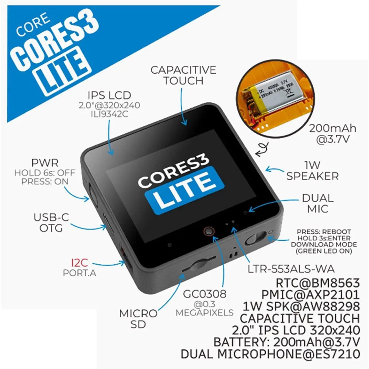 New Electronics Cores3 Lite ESP32S3 IoT Dev Kit, Touch Screen Programmable Controller Support for Smart Home Industrial Automati