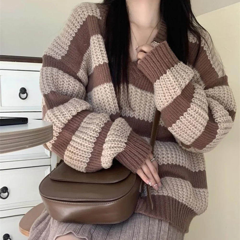 Vintage Brown Striped Sweater Women Harajuku Oversize Pullover Jumper Preppy Jerseys Casual Knitted Tops