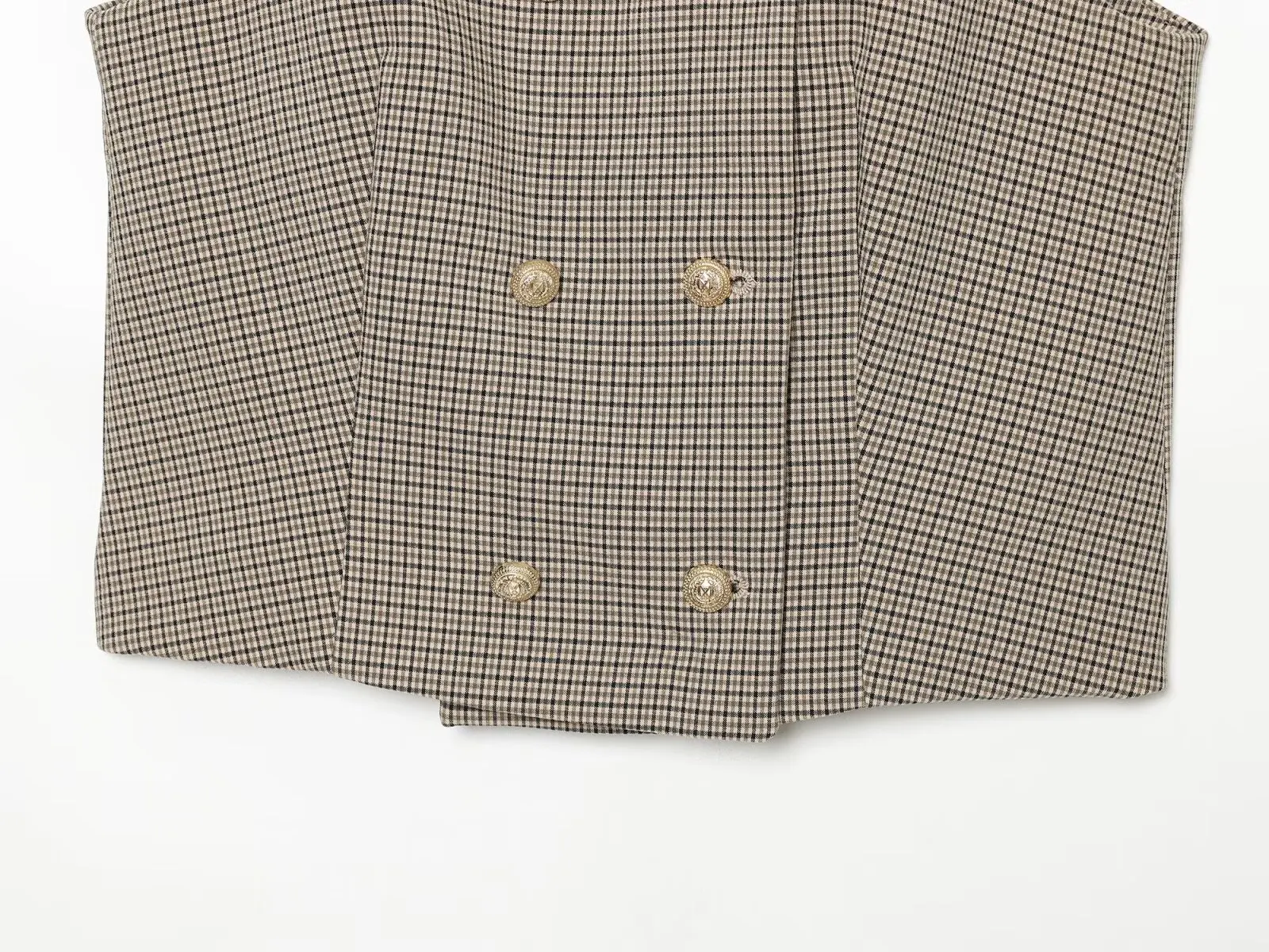 BSAY 2026 Vintage Büro-Damenanzug mit kariertem, doppelreihigem, kurz geschnittenem Gilet und hochtaillierter, weit geschnittener Hose mit Gürtel. – Detail 13