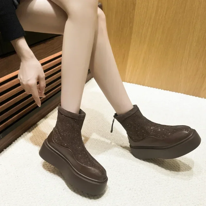 2024 New Designer Zipper ankle Boots Women\'s Shining Diamond Modern Boots Luxury Leather Elastic Thick soled High Heels zapatos