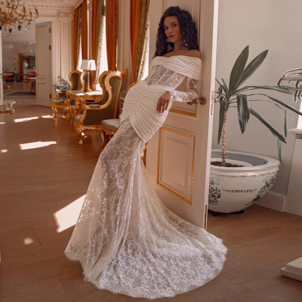 Элегантное кружевное свадебное платье русалки, женское свадебное платье с открытыми плечами и шлейфом, индивидуальное плиссированное сексуальное свадебное платье без бретелек