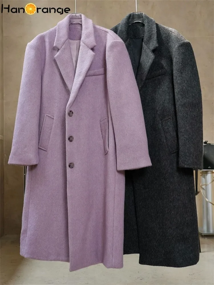 HanOrange 2024 Winter Temperament Silhouette X-long Wool Suit Coat Women Single Breasted Plush Coat Purple/Black Gray