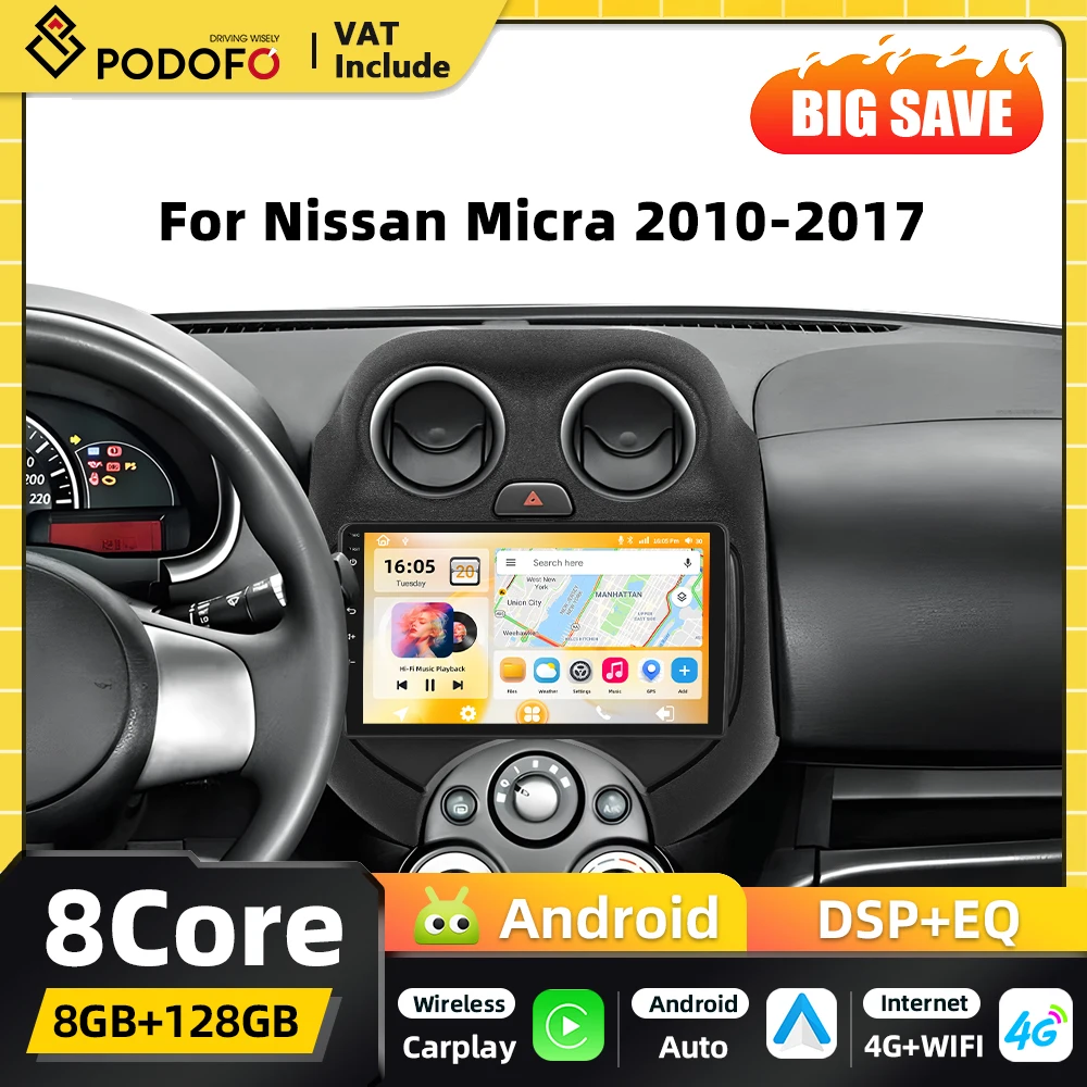 Podofo 8-Kern 2-DIN Android Autoradio Multimedia-Player für Nissan Micra 2010-2017 Carplay Autoradio GPS-Navigation Android Auto WIFI DSP FM-Empfänger RDS
