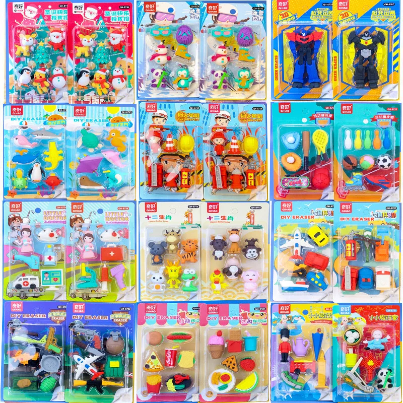 1card Animal Eraser Set Three-Dimensional Cartoon Detachable Assembled Eraser Pupil Prize Gift