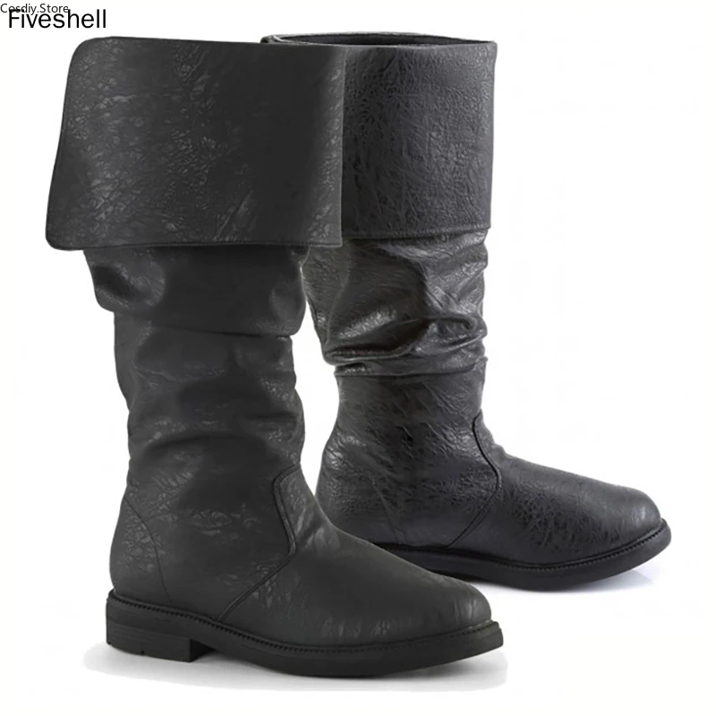 Medieval  Adult Men's leather Shoes Long Boots Flat Men's Boots Retro Platform Boots Men Boots