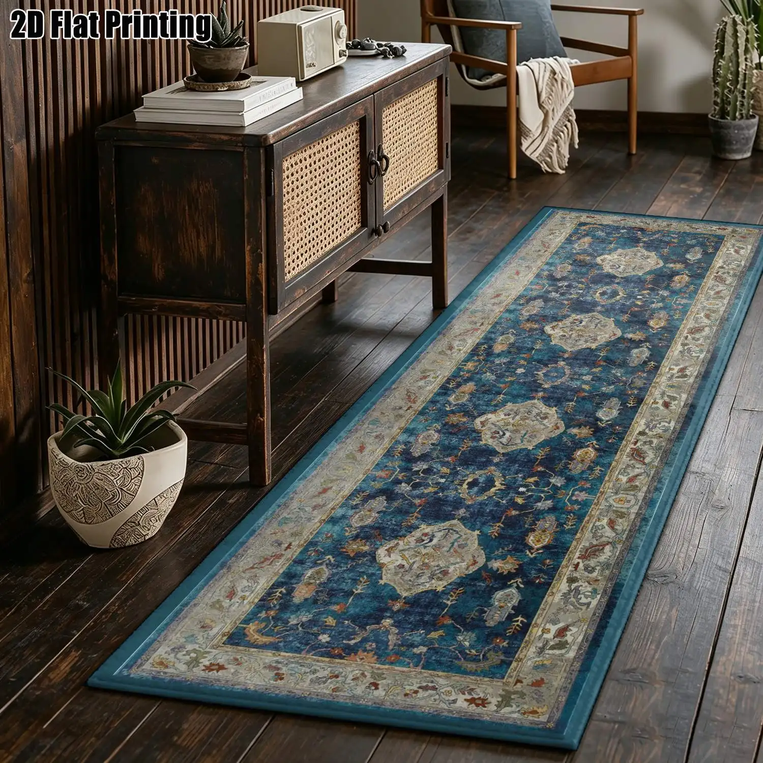 1Pc 2D Printed Long Strip Rug Blue Retro Floral, European-Style, Bohemian, Geometric Floral Patterns. Home Decor, Multi-Size, Machine Washable. For Entrance, Hallway, Living Room, Bedroom.