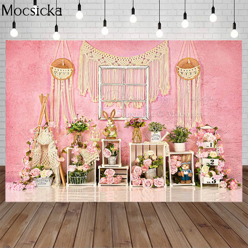 용수철 부활절 꽃 사진 배경, 꿈의 정원 핑크, 추상화 벽 토끼 장식, 어린이 케이크 스매시 사진 배경