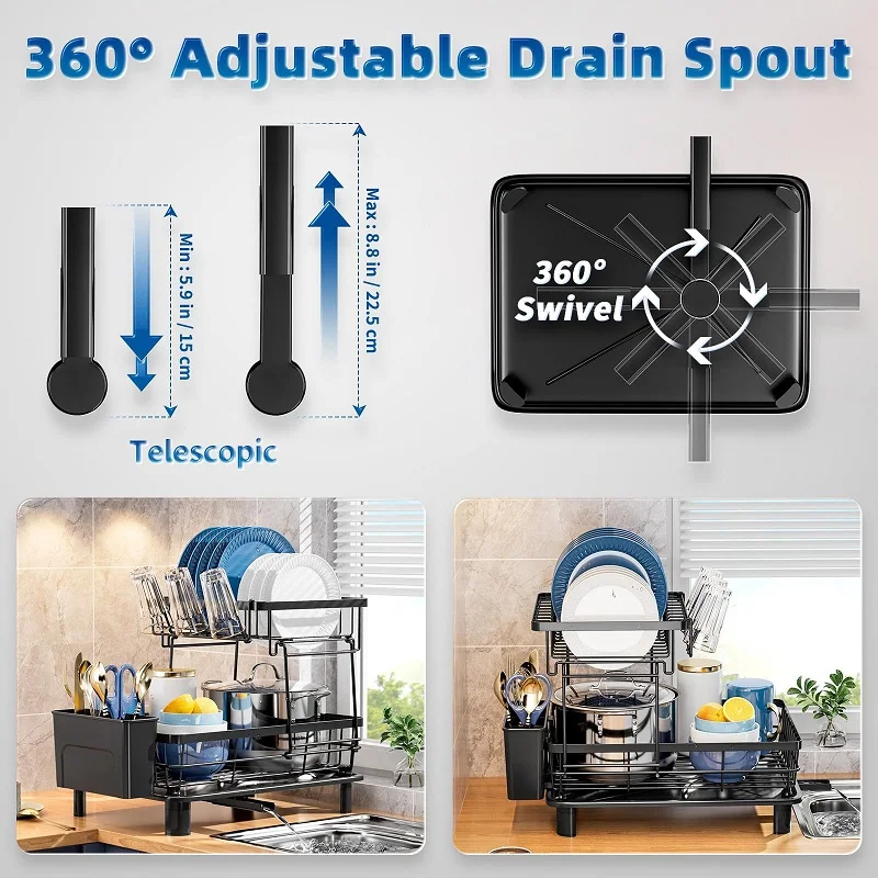 Kitchen Organizer Dish Drying Rack Two Tier Shelf Countertop Cutlery Storage Cup Holder Knife Fork Holder Tableware Organizer