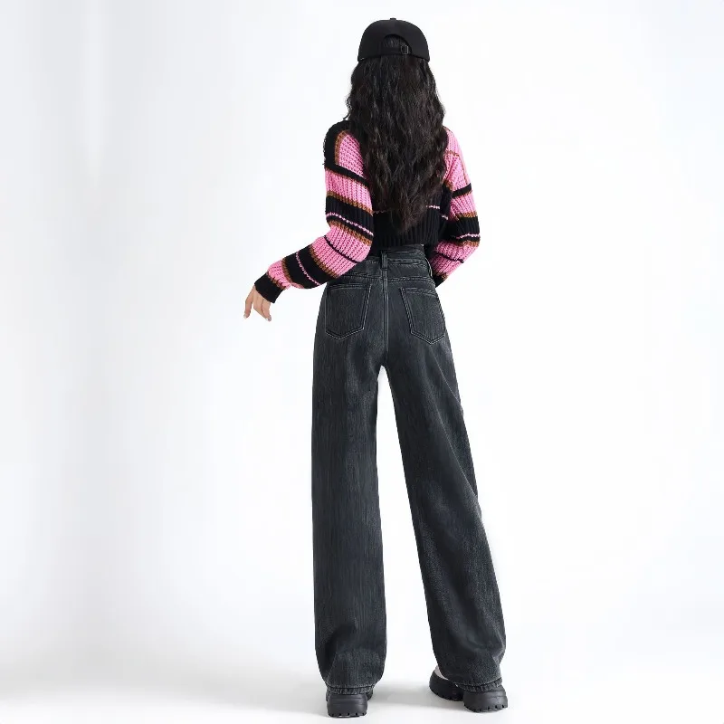 여성용 두꺼운 배기 스트레이트 진 겨울용 따뜻한 하이웨이스트 벨벳 안감 와이드 레그 데님 팬츠 한국 패션 솔리드 캐주얼 바케로스