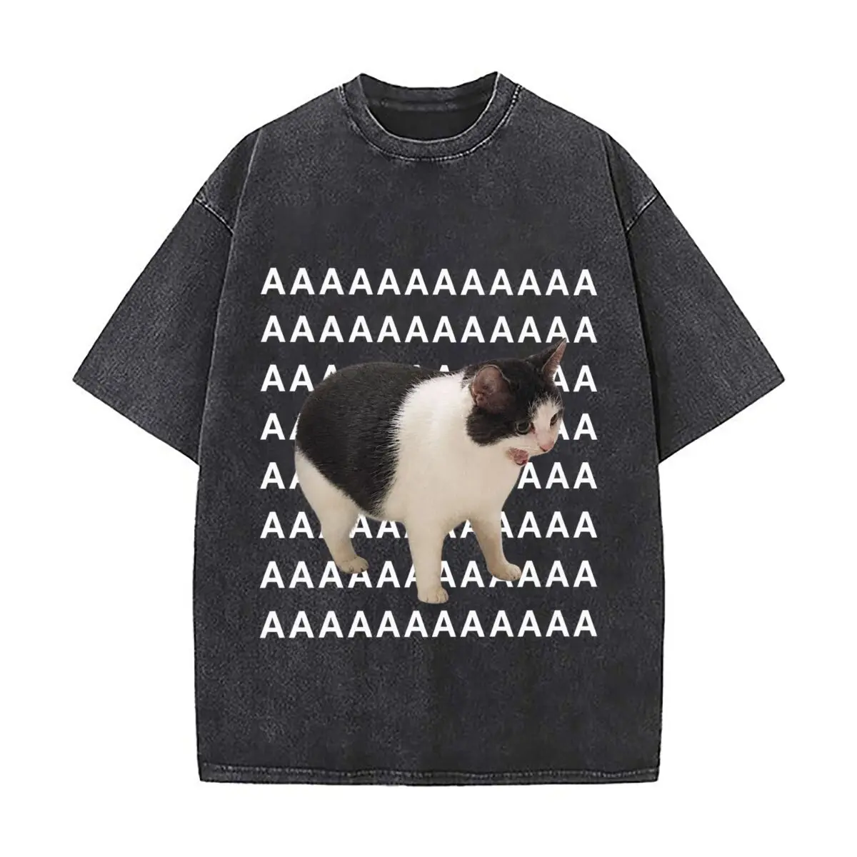 Sad Black And White Cat Expression Washed Distressed Loose Streetwear Tops for City Walks