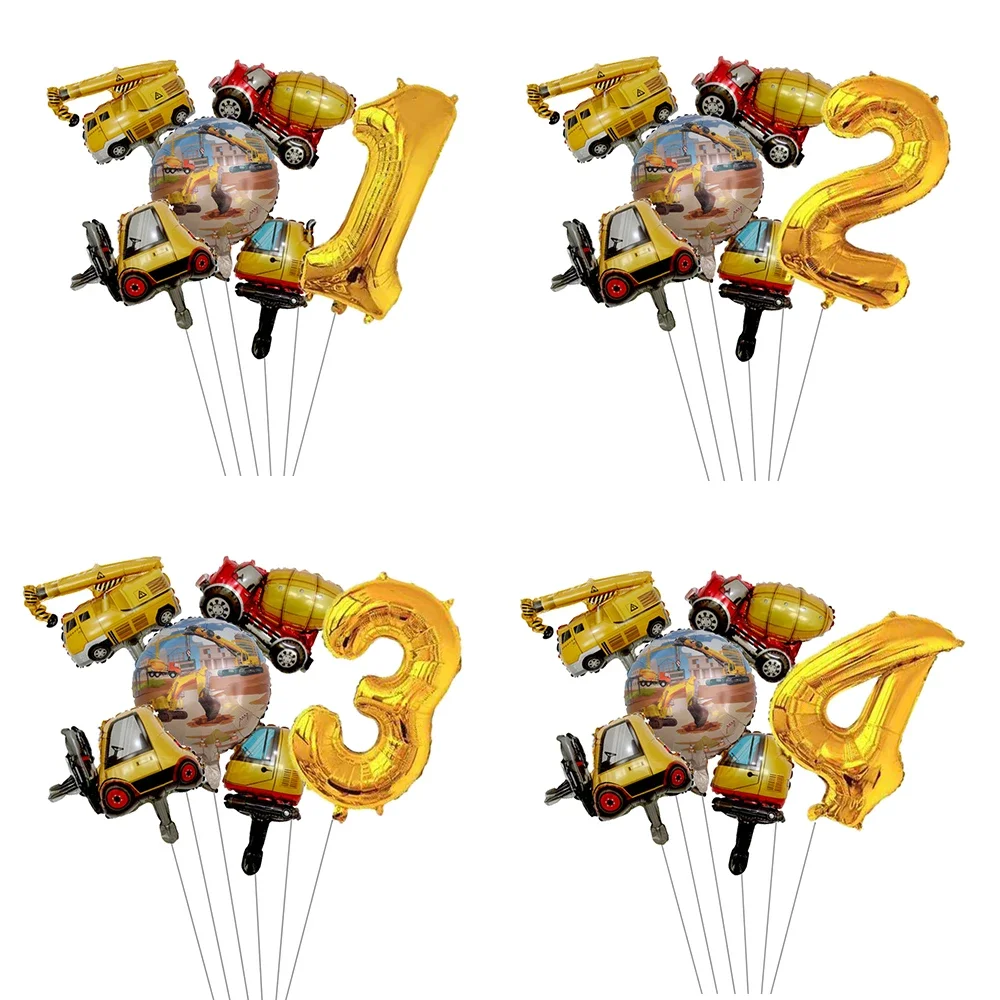 6-teiliger Mini-Karton-Fahrzeugballon mit 32-Zoll-Gold-Zahlen-Ballon-Set für Jungen, Bauauto-Thema, Geburtstagsparty-Dekorationen – Detail 3
