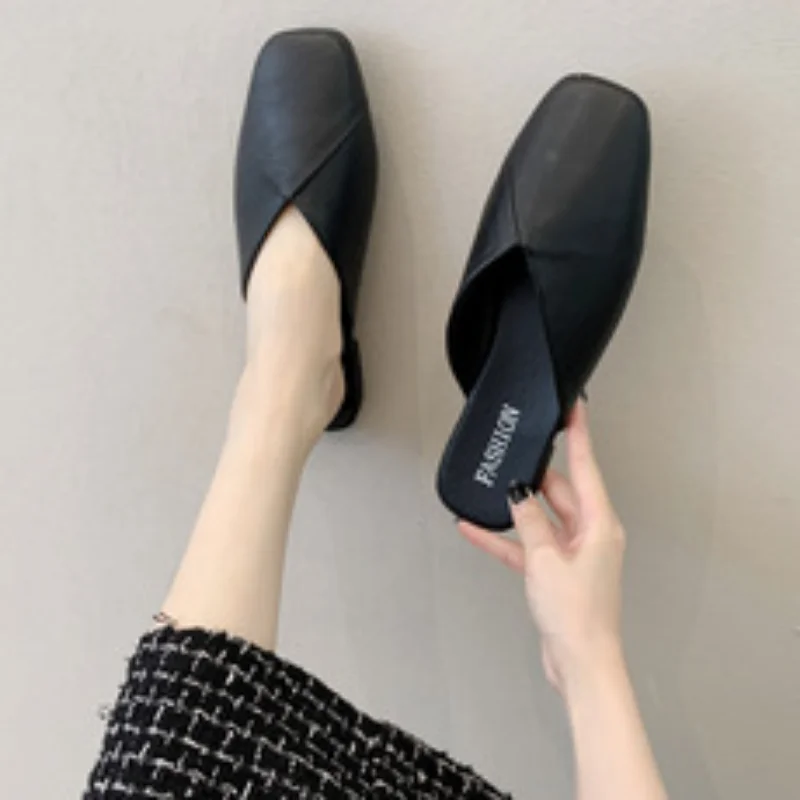 Women Mules 2024 Summer Elegant Square Closed Toe Flat Slippers Female Shoes Casual Leather Black White Slides Plus Size 35-43