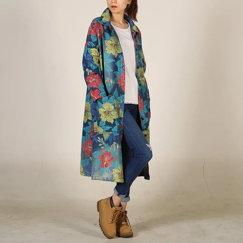 Print Denim Windbreaer 2023 New Spring Autumn Arts Style Women Loose Trench Single Beasted Pocket Cotton Long Sleeve Denim Coat