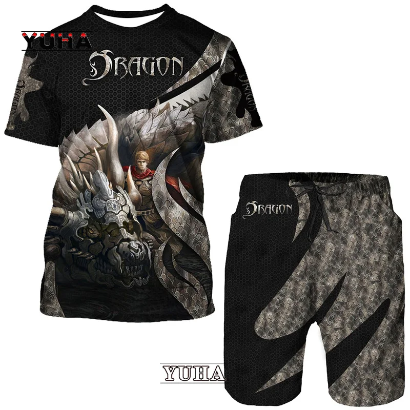 YUHA Flying Dragon Totem Art 3D Print Men\'s T-Shirt/Suit Summer Cool Short Sleeved Tops+Shorts Set Gothic Hip Hop Sportwear Trac