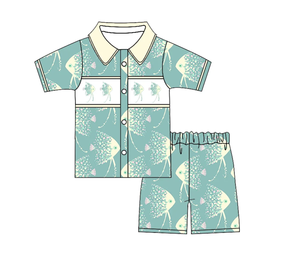 بدلة صيفية للأطفال من حرير الحليب بيجامة وردية بأكمام قصيرة تصميم جيب على شكل قلب أصفر ملابس فتاة رائعة سمكة صفراء pr #2