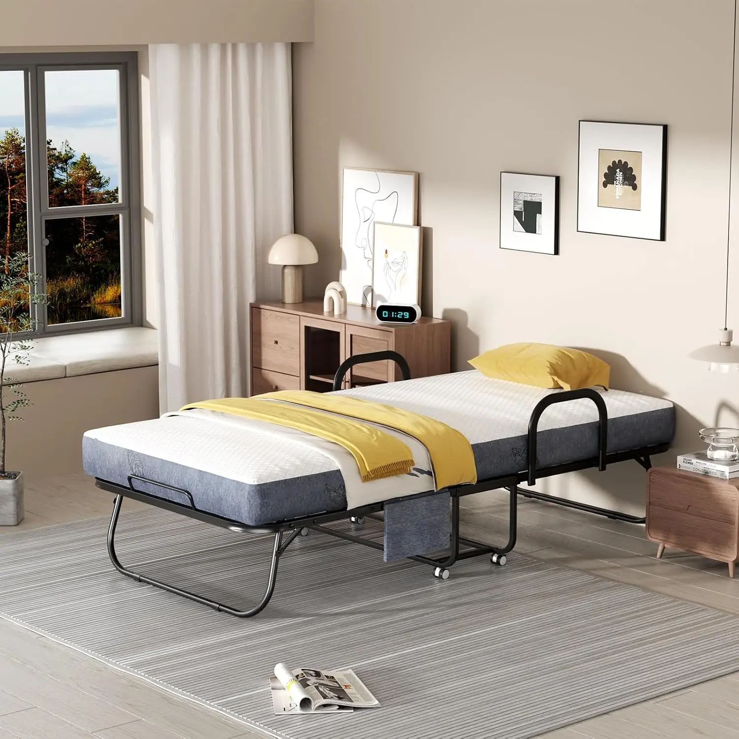 Folding Bed with Memory Foam Mattress, 75" x 38" Twin Size Portable Roll Away Bed Frame for Adults, 2 Armrests, 4 Wheels, Side Pocket, Dust Cover