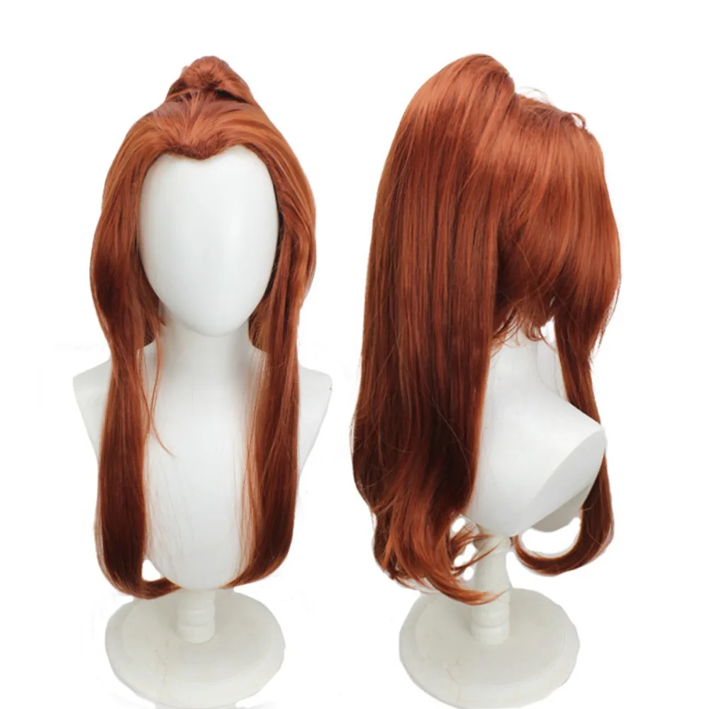 Peluca de cosplay de Brigitte, mezcla de color marrón rojizo, con pinza para el pelo y cola de caballo, para cosplay de Overwatch