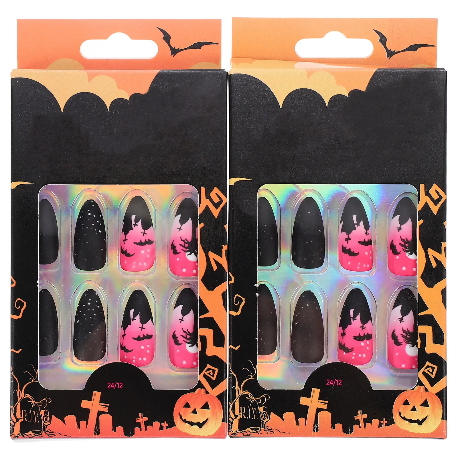 48Pcs Women False Nails Full Cover Artificial Nails Ultra Thin Lightweight Strong Not Easy to Break Halloween Wedding Party