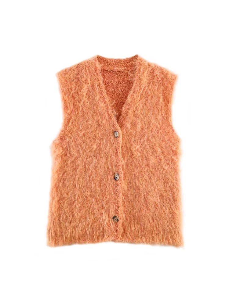 Nuovo gilet alla moda da donna in stile europeo, versatile ed elegante, cardigan lavorato a maglia dai capelli lunghi in tinta unita.