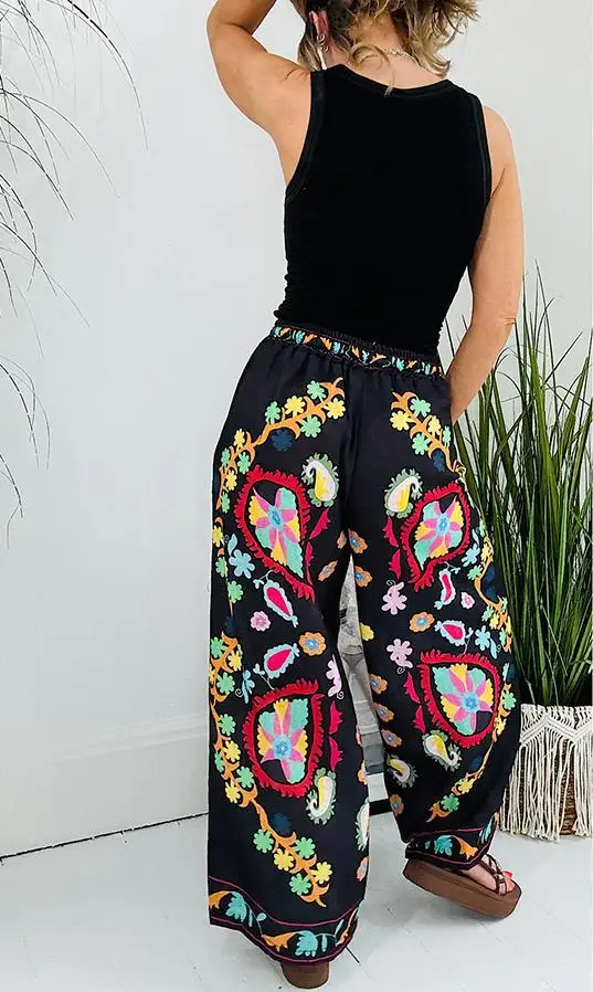 Autumn American Retro Imitation Denim Pants Elegant Fashion Loose High Waist Women\'s Clothing Fashion Pockets Print Pants 2024