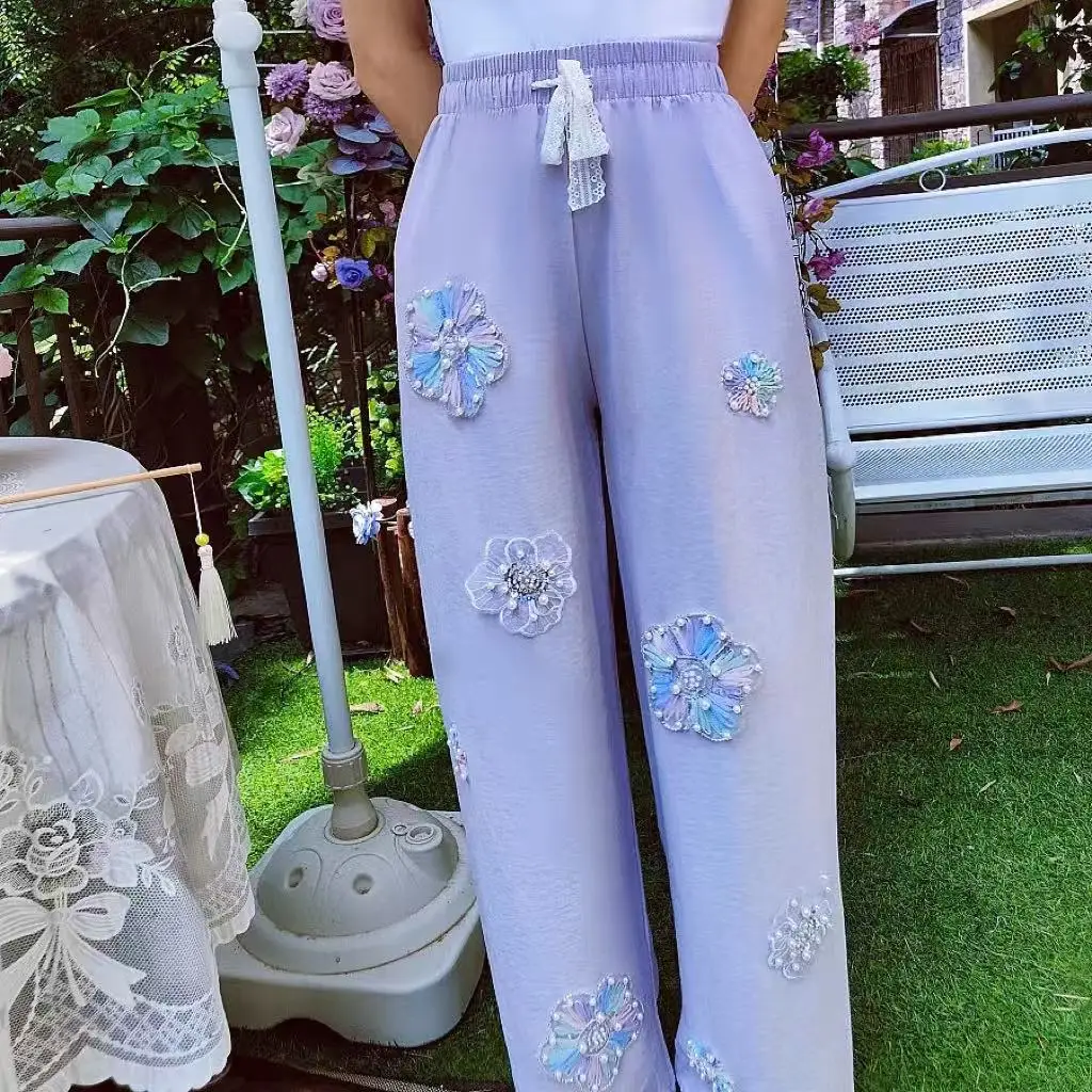 Sequins Beades Flowers Stitch for Women's Summer Long Pants Streetwear Y2K Breathable Pants Woman Clothes pantalones de mujer