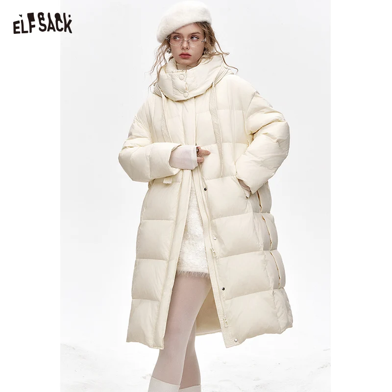 ELFSACK 2024 Winter New Arrivals Simple and versatile hooded long loose down jacket