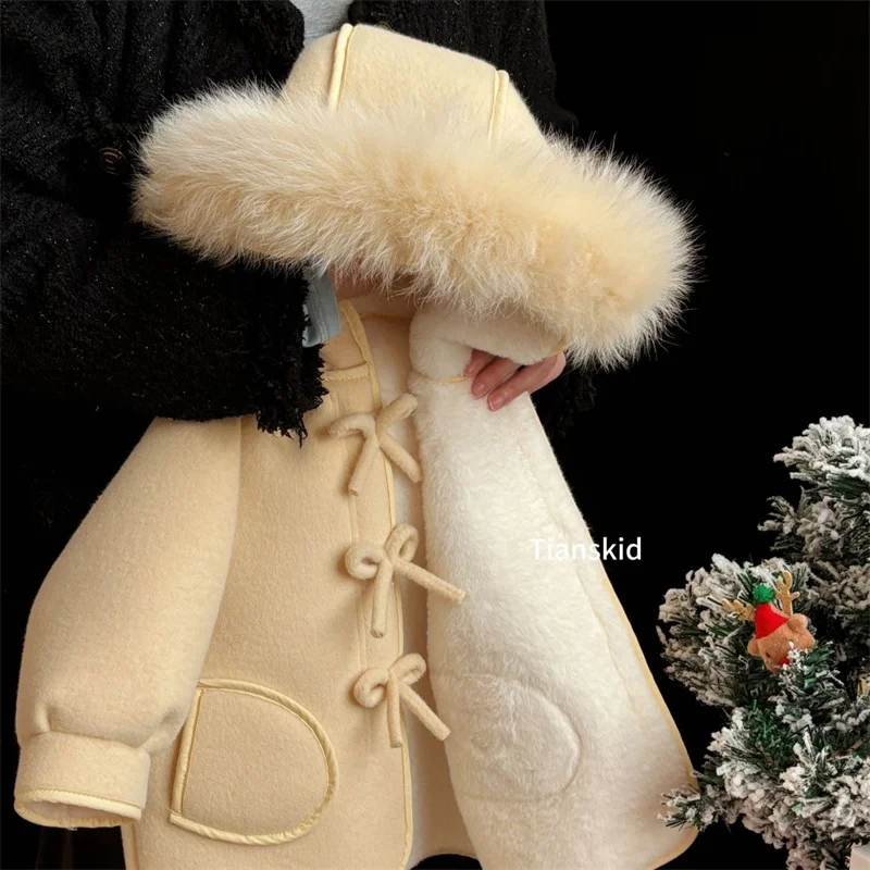 

Girls Paddded Jackets Children Fur Collar Hooded Coats Kids Plush Velvet Casual Bow Outerwear Toddler Winter Fashion Clothing