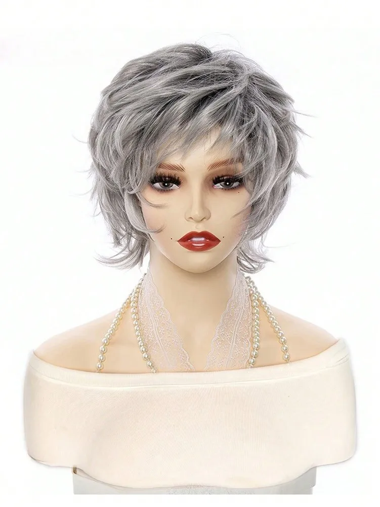 Peruca sintética feminina cinza curta encaracolada com corte pixie em camadas de 10 polegadas