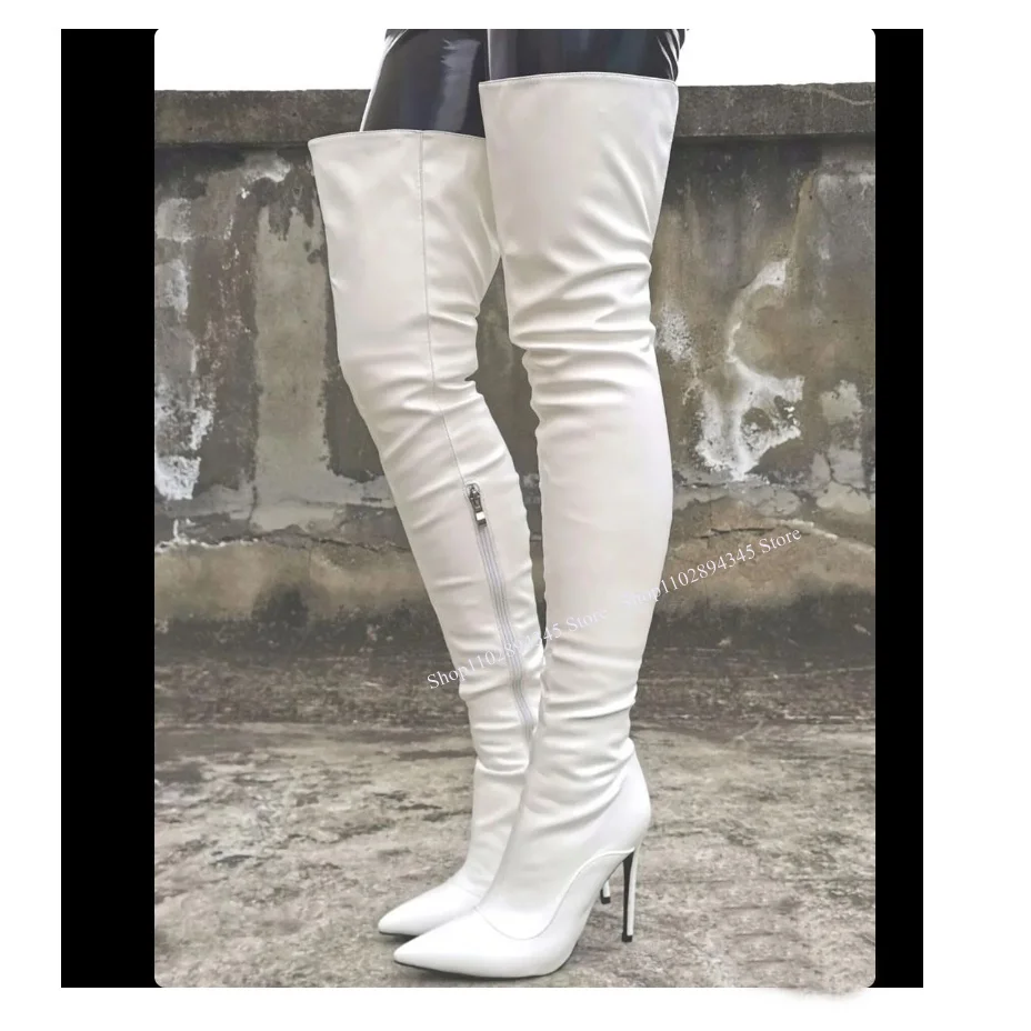 White Over Knee High Cut Out Boots Pointed Toe Leather Thin High Heel Fashion Sexy Western Winter Woman Shoes Zapatillas Mujer