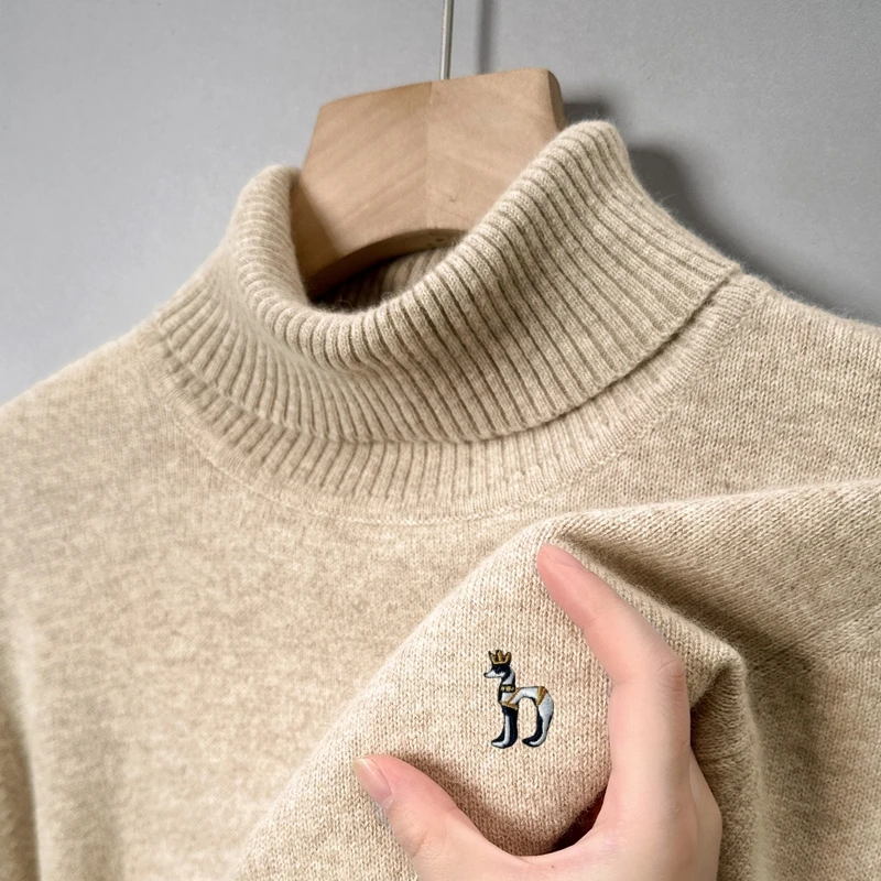 

Turtleneck Cartoon Dog Embroidery Wool Pullover Hot Sales Light Luxury Men's Knit Sweater Winter Warm Soft JapanTrend Men's Wear